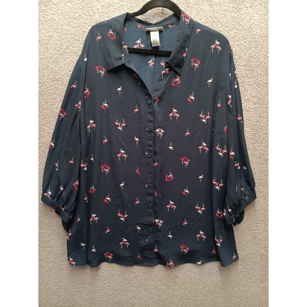 Catherines Flamingo Button Up‎ Blouse Women 3X Blue Tropical Novelty Shirt